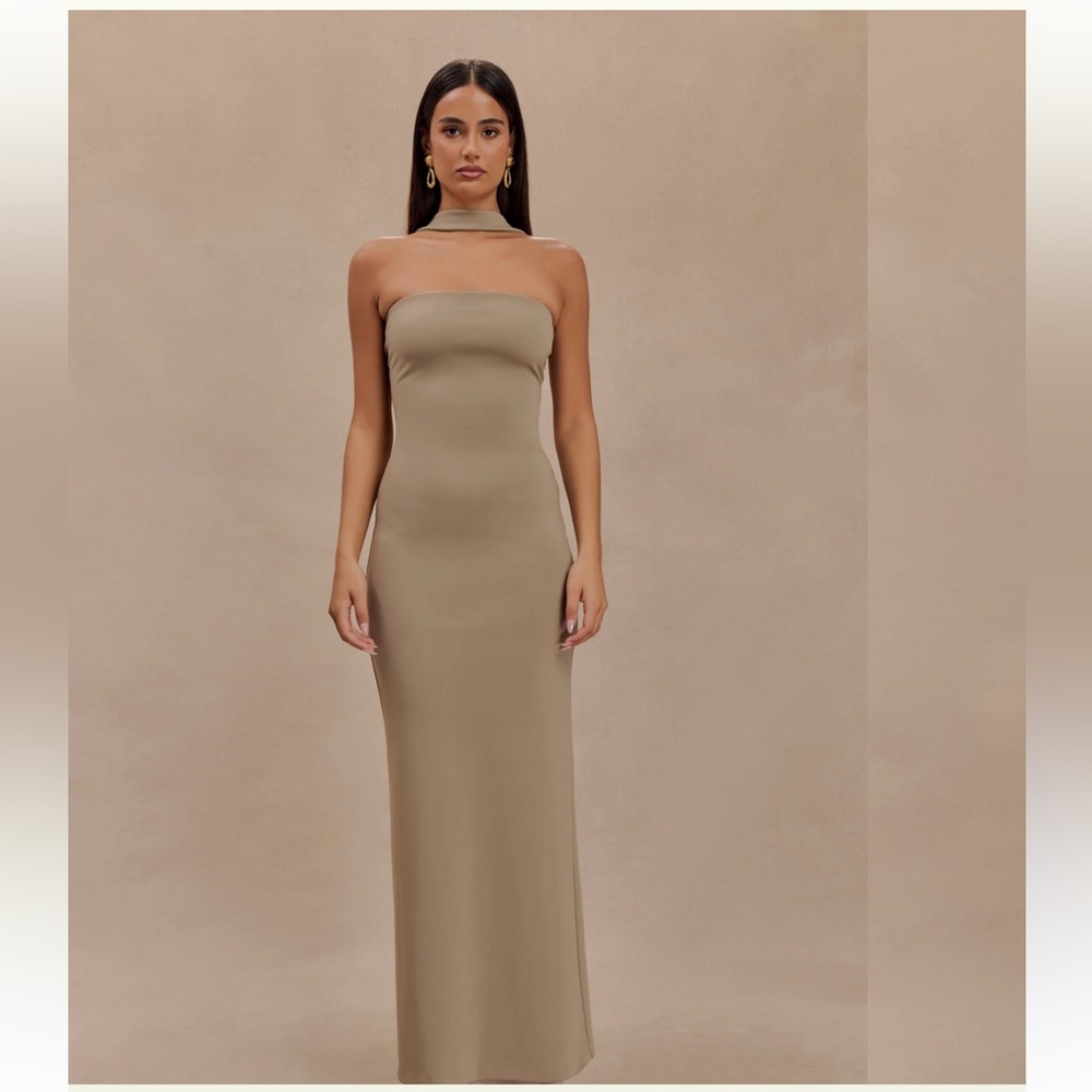 Elegant Tan Strapless Maxi Dress